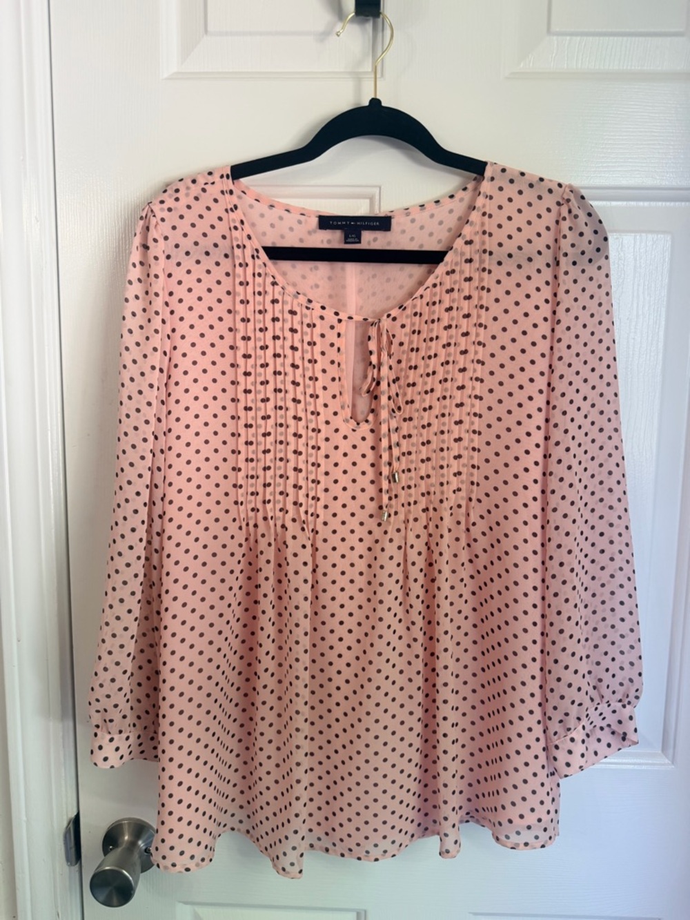 Tommy Hilfiger Pink Polka Dot Pintuck Tie-Neck Blouse